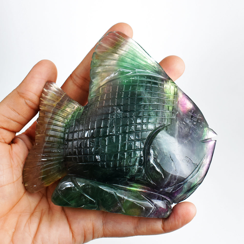 Amazing 2466.00 Cts Genuine Multicolor Fluorite Hand Carved Crystal Gemstone Carving Fish