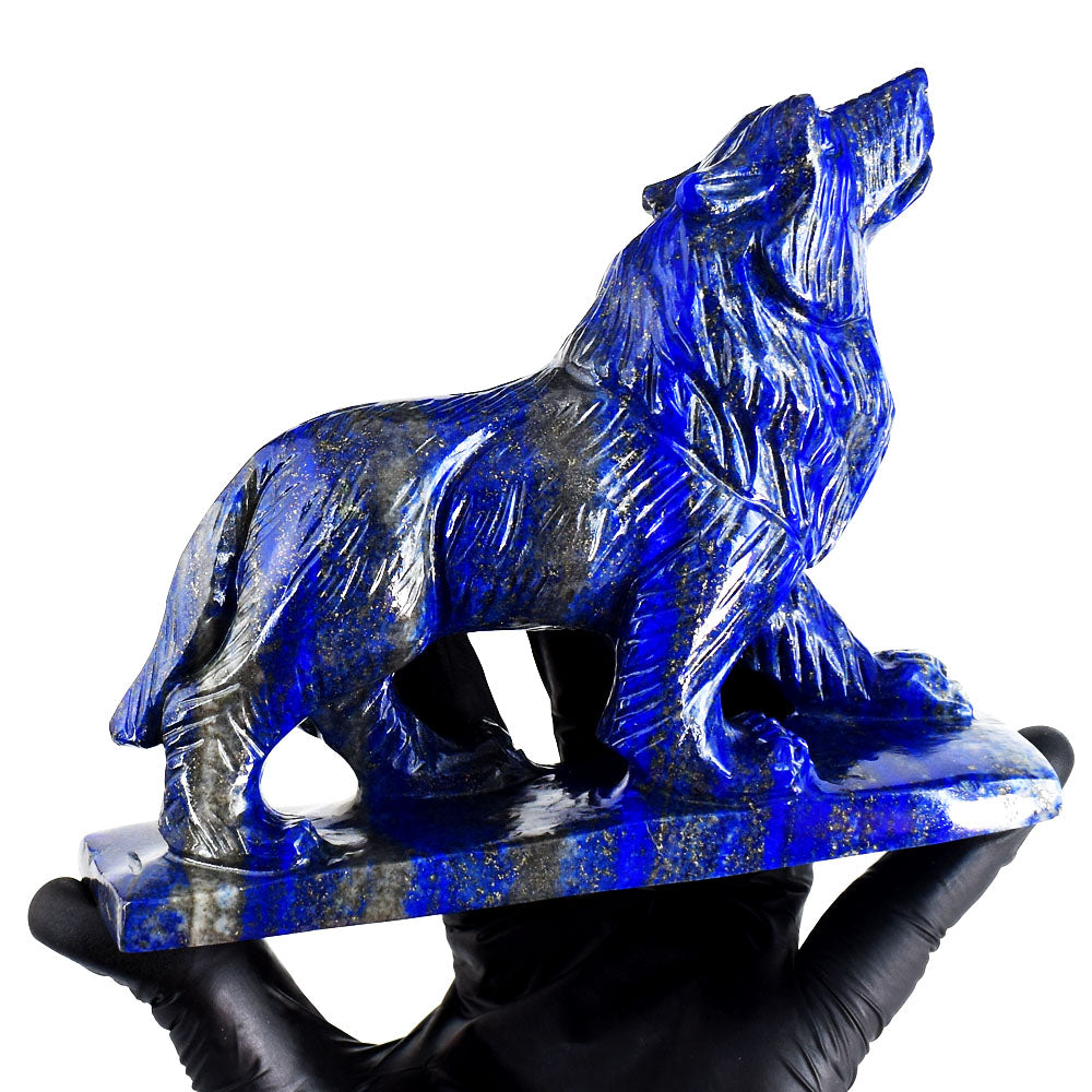 Gorgeous 3164.00 Cts Genuine Blue Lapis Lazuli Hand Carved Gemstone Crystal Wolf Carving