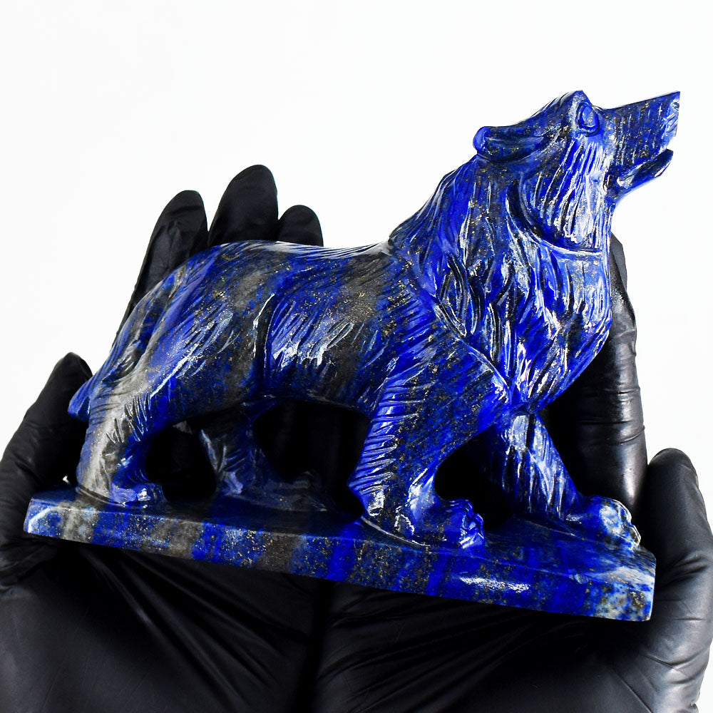 Gorgeous 3164.00 Cts Genuine Blue Lapis Lazuli Hand Carved Gemstone Crystal Wolf Carving