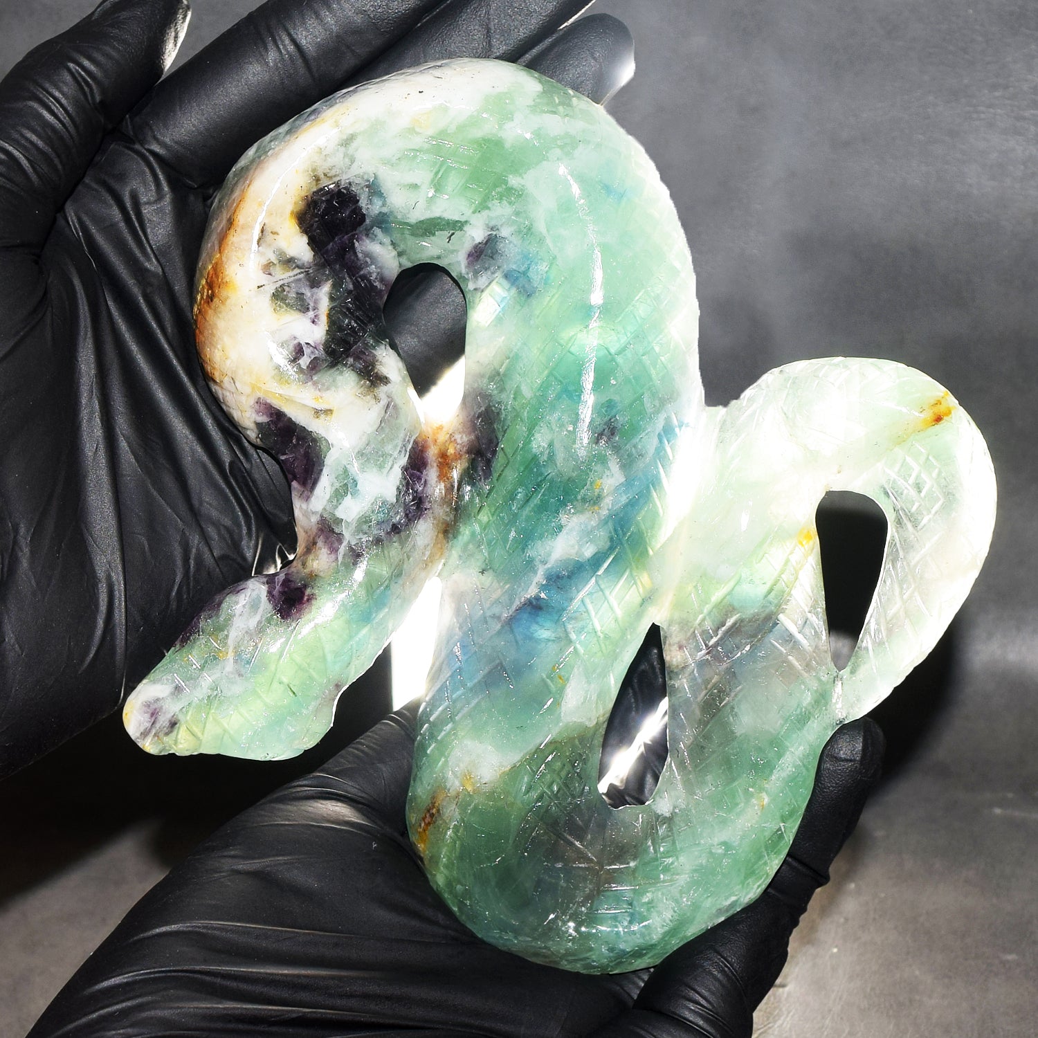 Awesome 2466.00 Cts Genuine Multicolor Fluorite Hand Carved Premium Cobra Crystal Gemstone