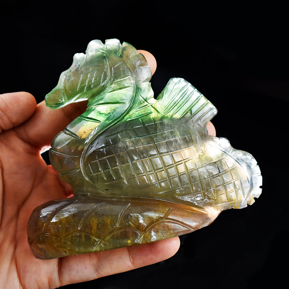 Amazing 1979.00 Cts Genuine Multicolor Fluorite  Hand Carved Crystal Gemstone Seahorse Carving