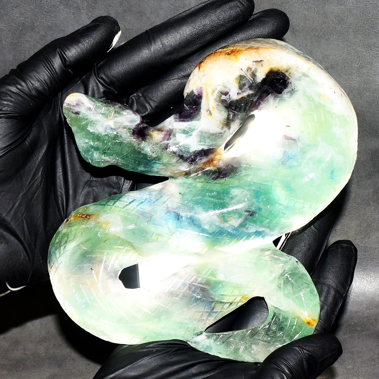 Awesome 2466.00 Cts Genuine Multicolor Fluorite Hand Carved Premium Cobra Crystal Gemstone
