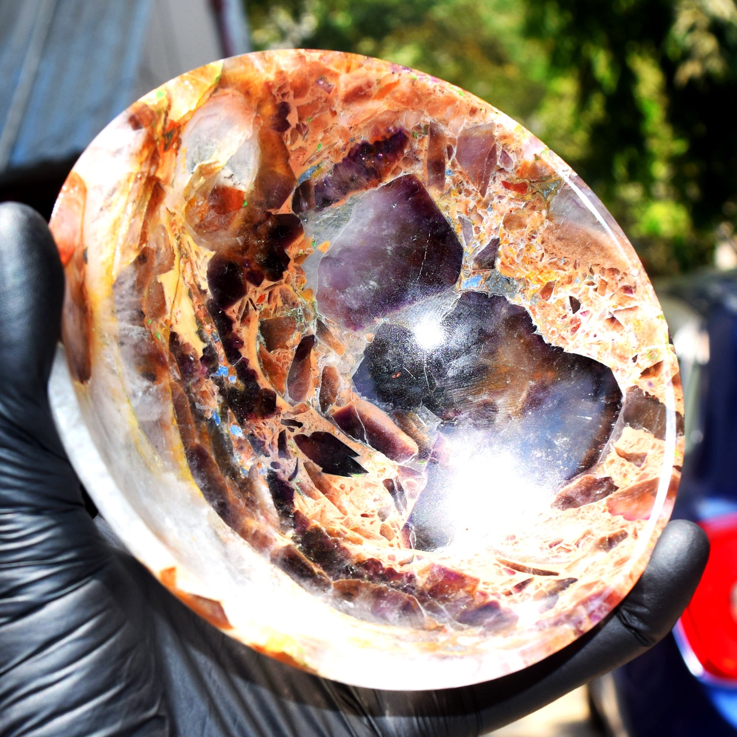 Unexpected 1093.00 Carats Genuine Chevron Amethyst Hand Carved Crystal Gemstone Carving Big Bowl
