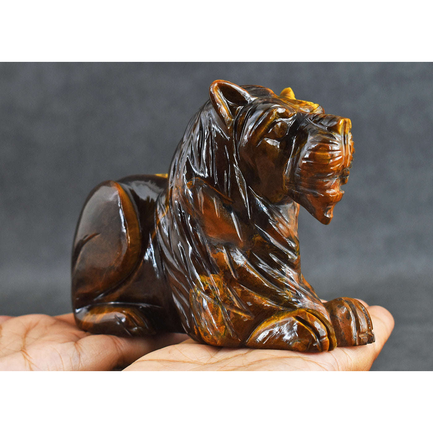 gemsmore:3312.00  Cts  Genuine  Golden Tiger Eye Hand Carved Crystal Gemstone Carving Lion