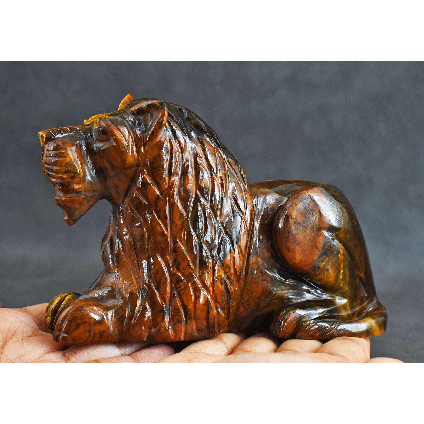 gemsmore:3312.00  Cts  Genuine  Golden Tiger Eye Hand Carved Crystal Gemstone Carving Lion