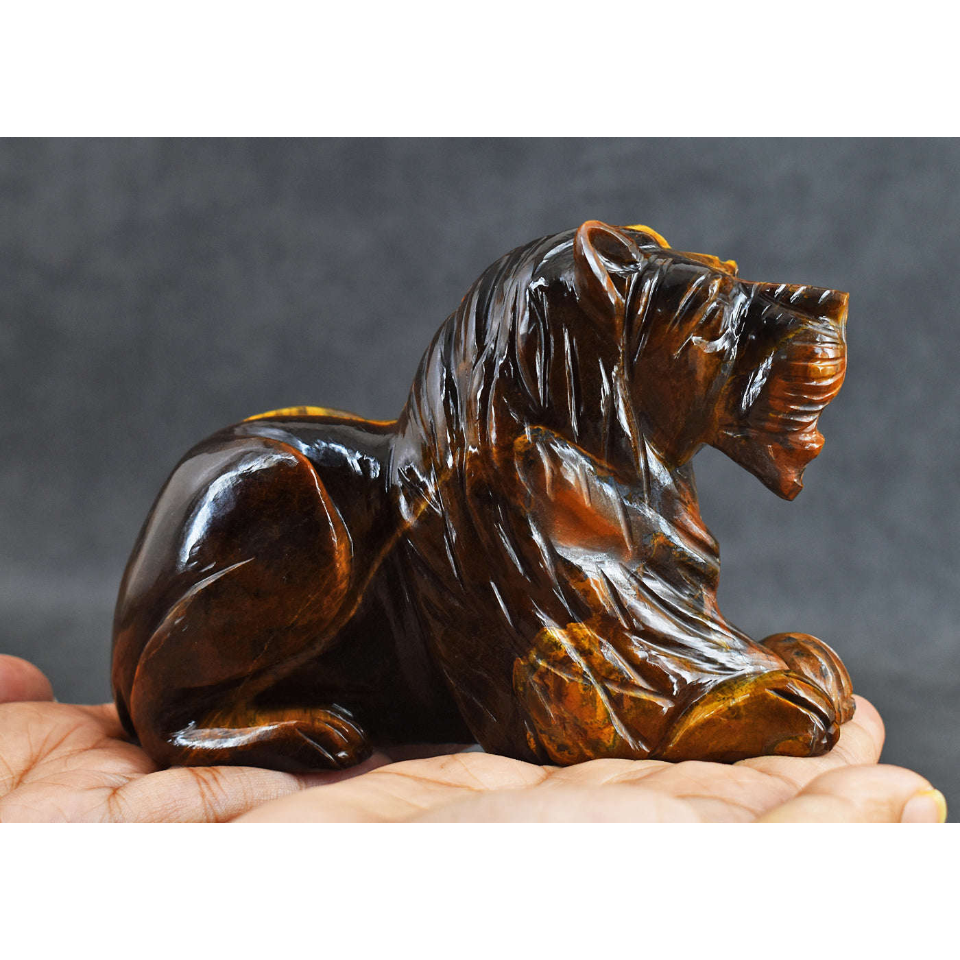 gemsmore:3312.00  Cts  Genuine  Golden Tiger Eye Hand Carved Crystal Gemstone Carving Lion