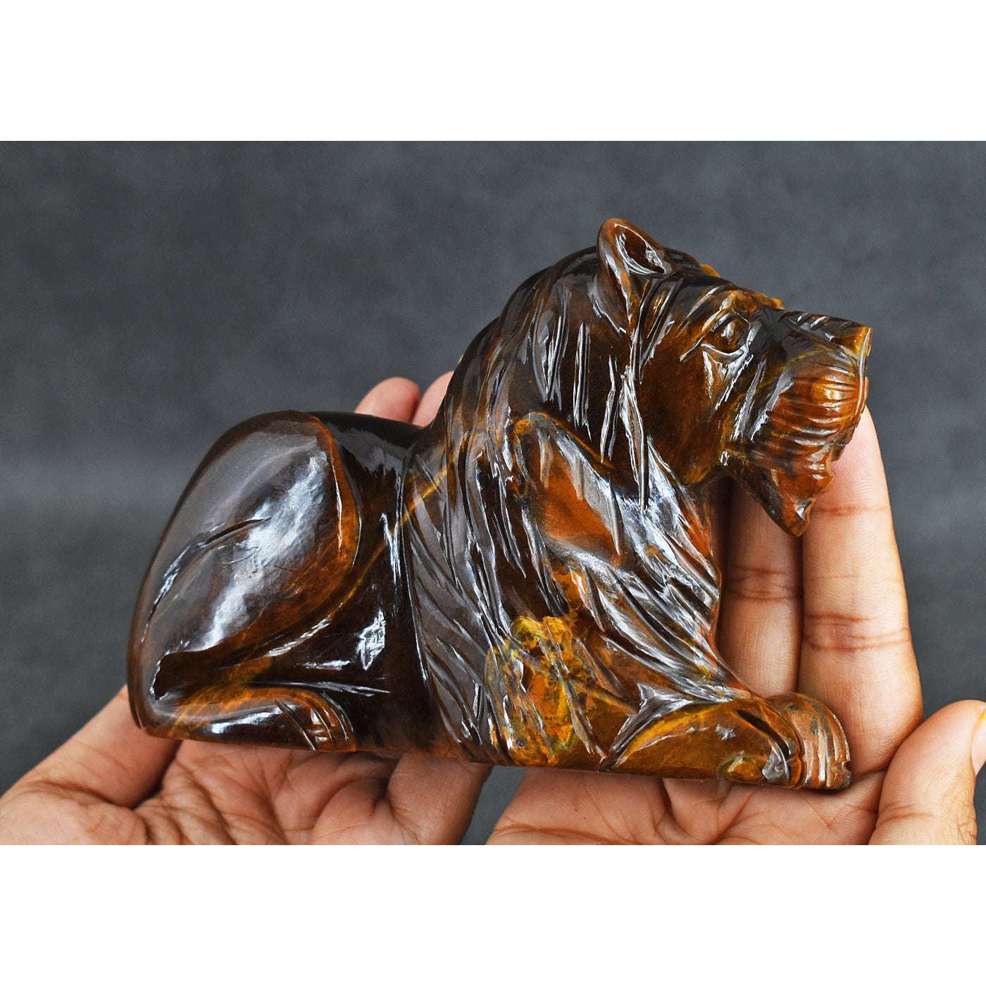 gemsmore:3312.00  Cts  Genuine  Golden Tiger Eye Hand Carved Crystal Gemstone Carving Lion