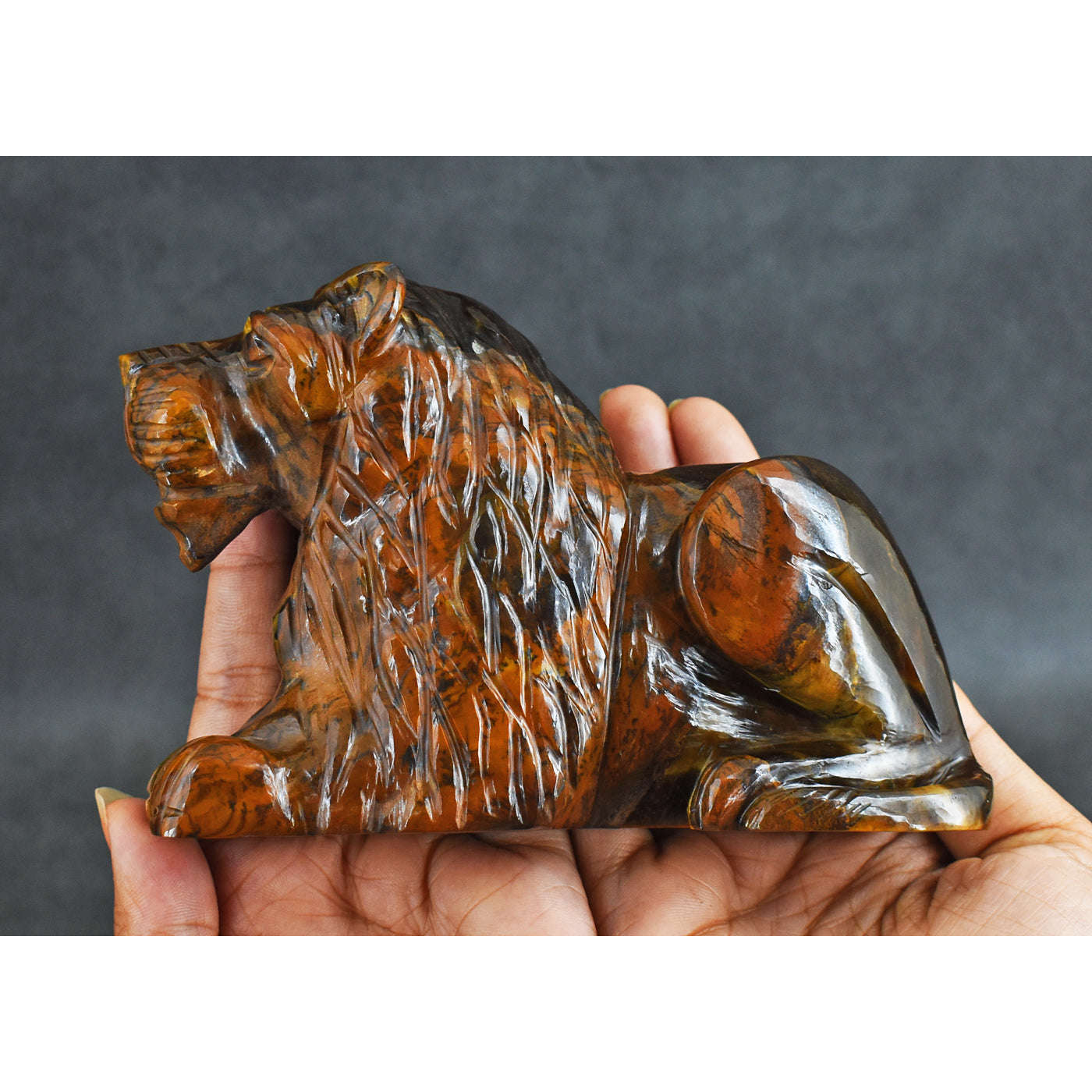 gemsmore:3312.00  Cts  Genuine  Golden Tiger Eye Hand Carved Crystal Gemstone Carving Lion