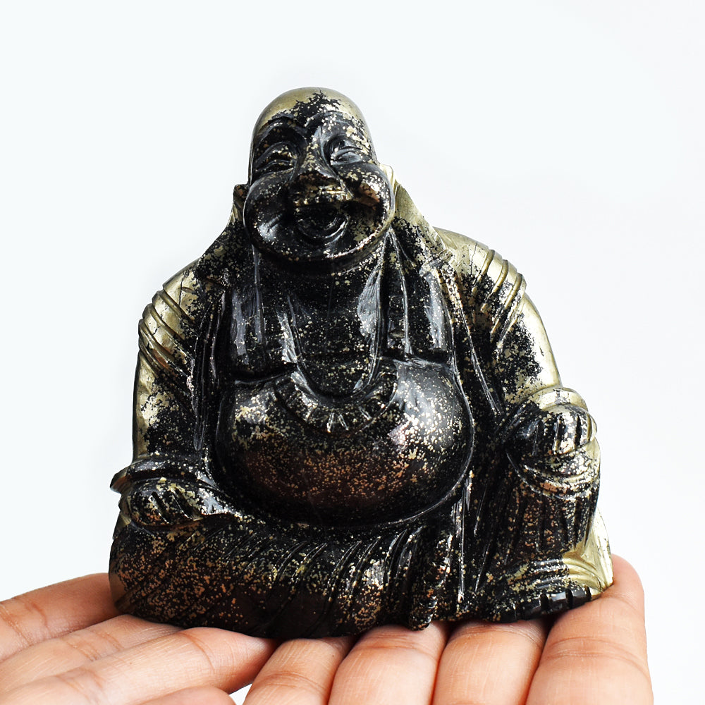 Amazing  2505.00 Cts Genuine Pyrite Hand Carved Crystal Laughing Buddha Gemstone Carving