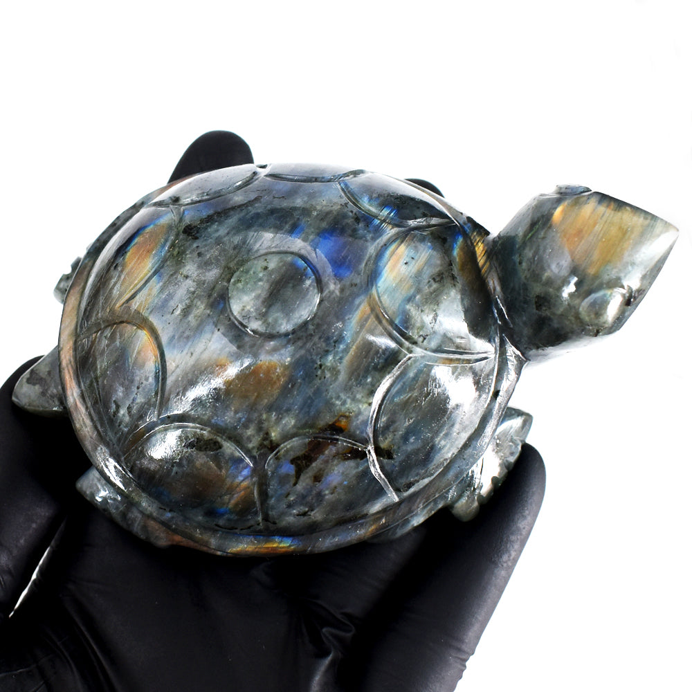 Exclusive 1714.00 Cts Genuine Orange & Blue Flash Labradorite Hand Carved Gemstone Turtle Crystal Carving