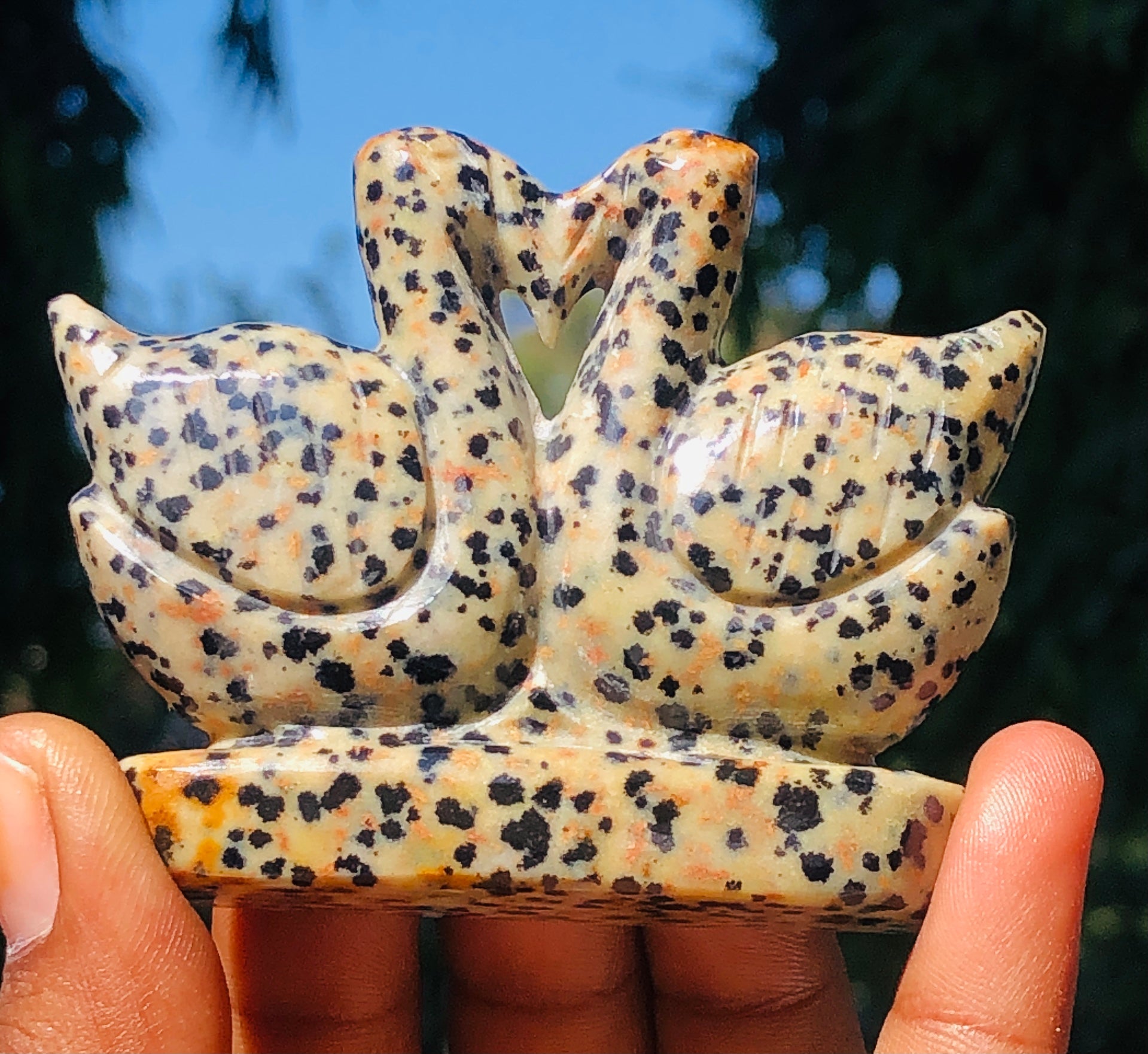 Precious 482.00 Cts Genuine Dalmation Jasper Carved Premium Love Swan Pair