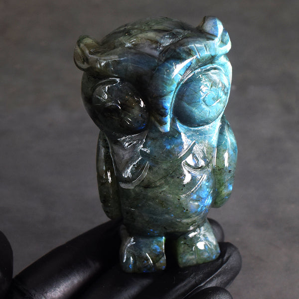Very Atrractive 1334.00 Cts Genuine Blue Flash Labradorite Hand Carved Gemstone Premium Owl