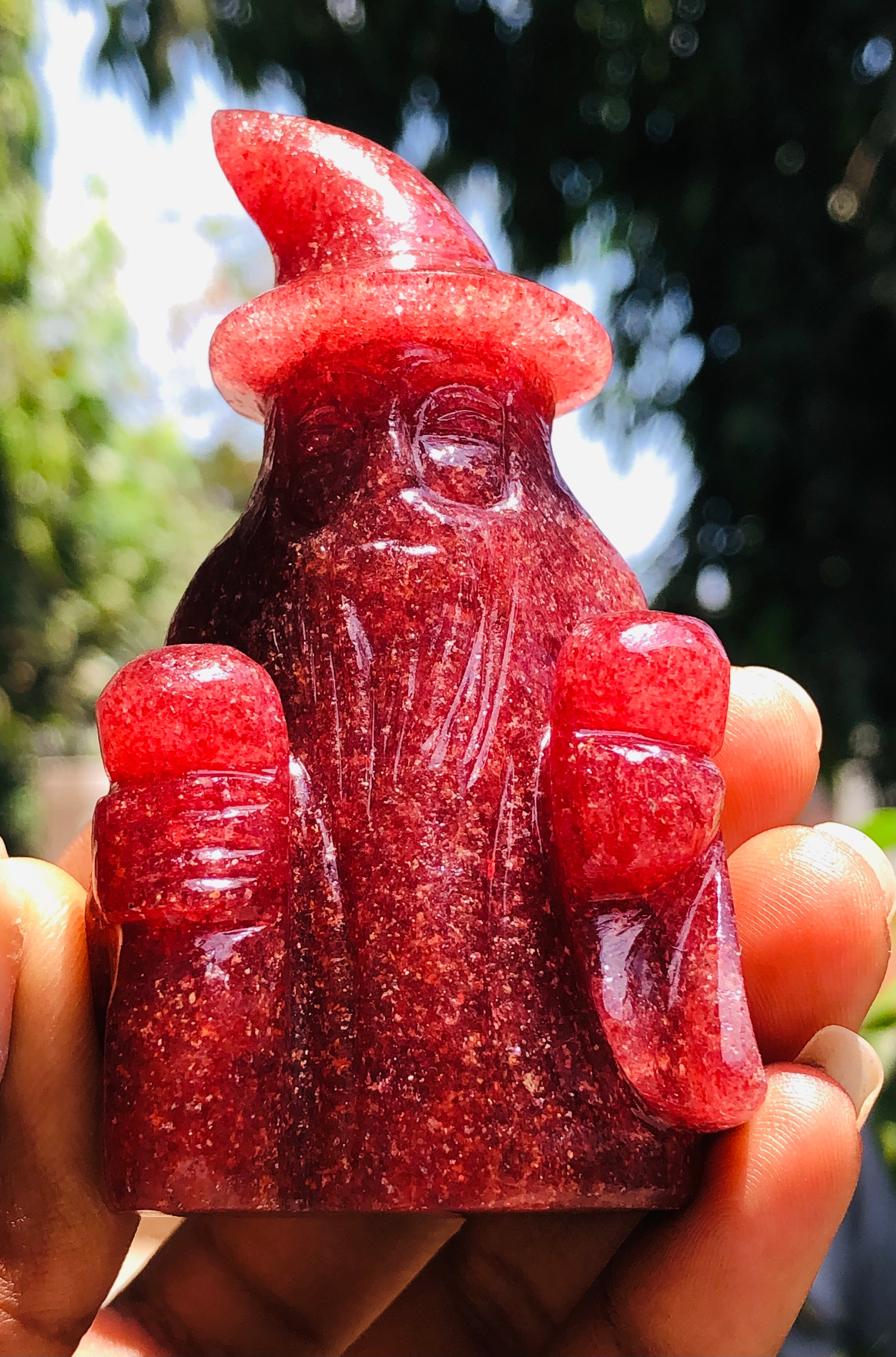 Beautiful 708.00 Carats Genuine  Strawberry Quartz Hand Carved Crystal Gemstone Wizard Carving
