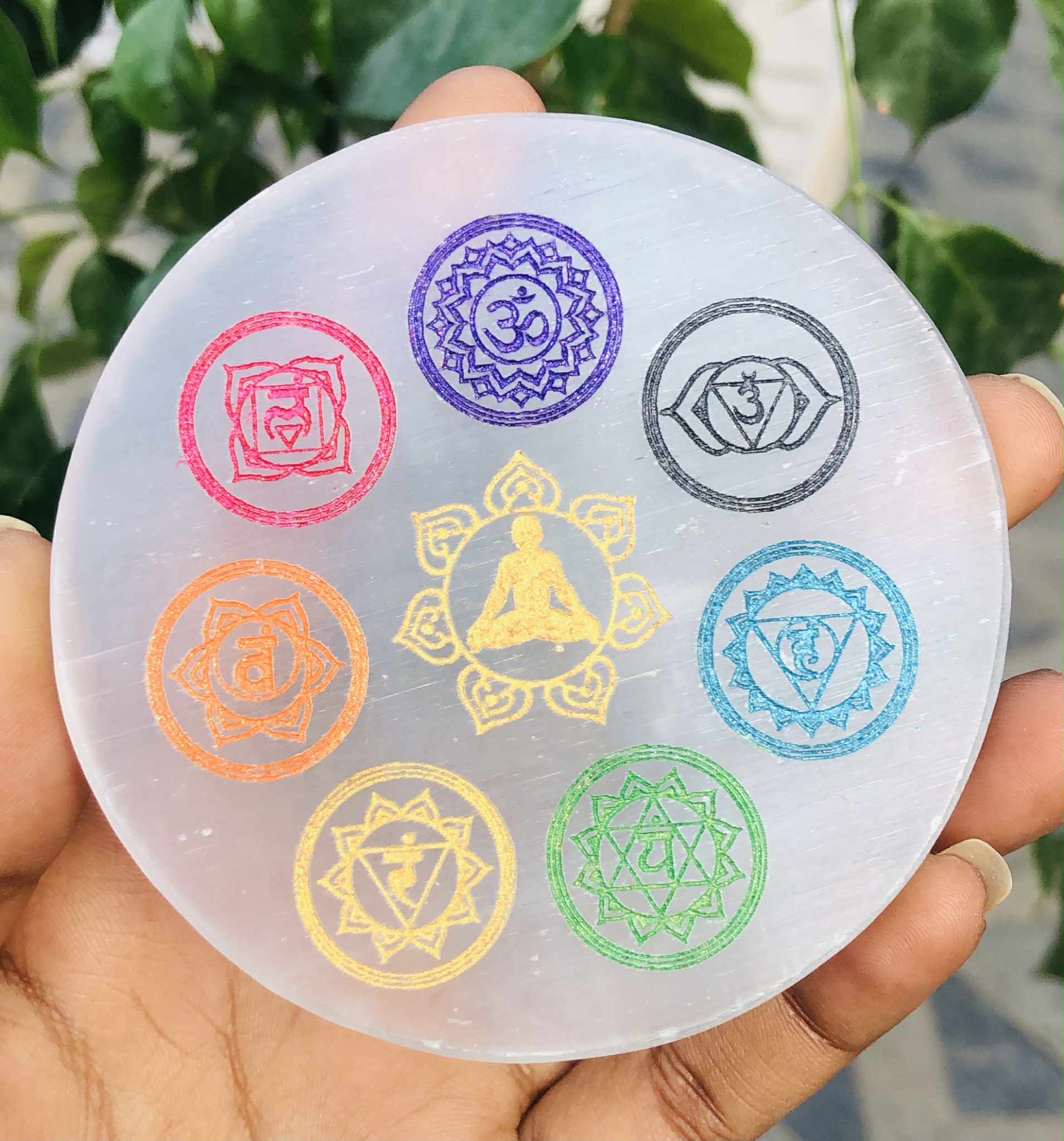 Amazing 3 Inches Genuine Selenite Seven Chakra Healing Gemstone Crystal Coaster
