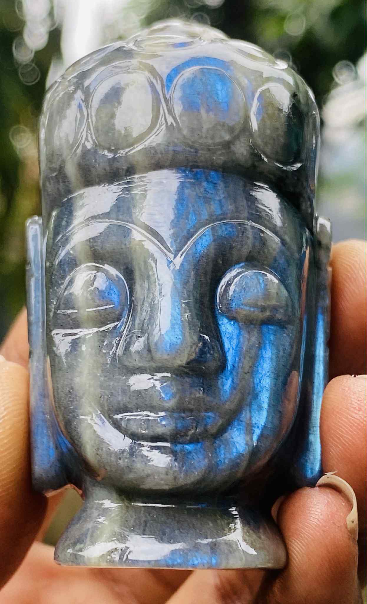Gorgeous 663.00 Cts Genuine Blue Flash Labradorite Hand Carved Crystal Gemstone Buddha Head Carving