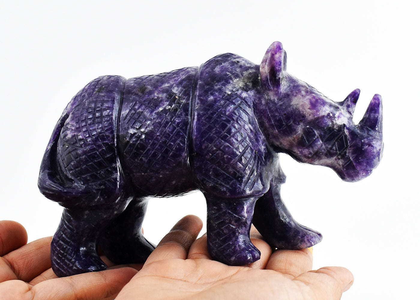 Exclusive 4514.00  Cts Genuine Lepidolite Hand Carved Crystal Rhinoceros Gemstone Carving