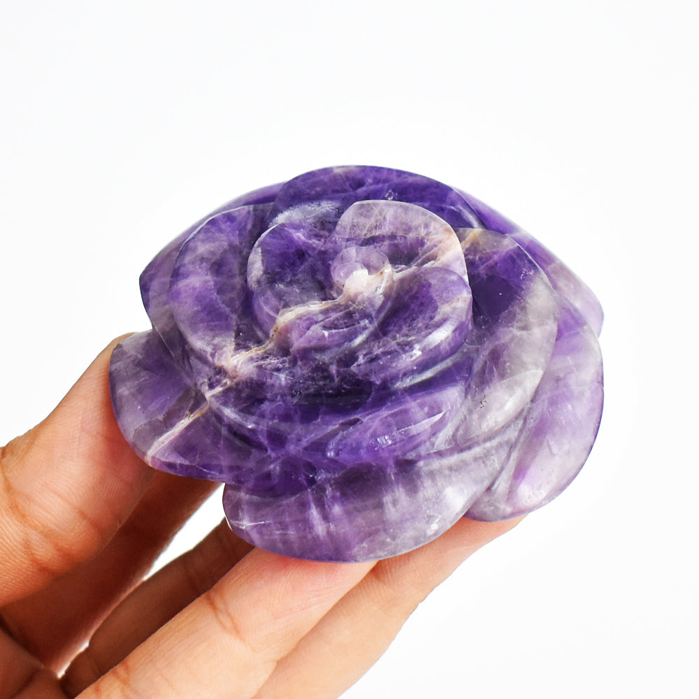 Exclusive  466.00  Carats Genuine  Amethyst  Hand  Carved  Rose  Flower  Gemtone  Carving