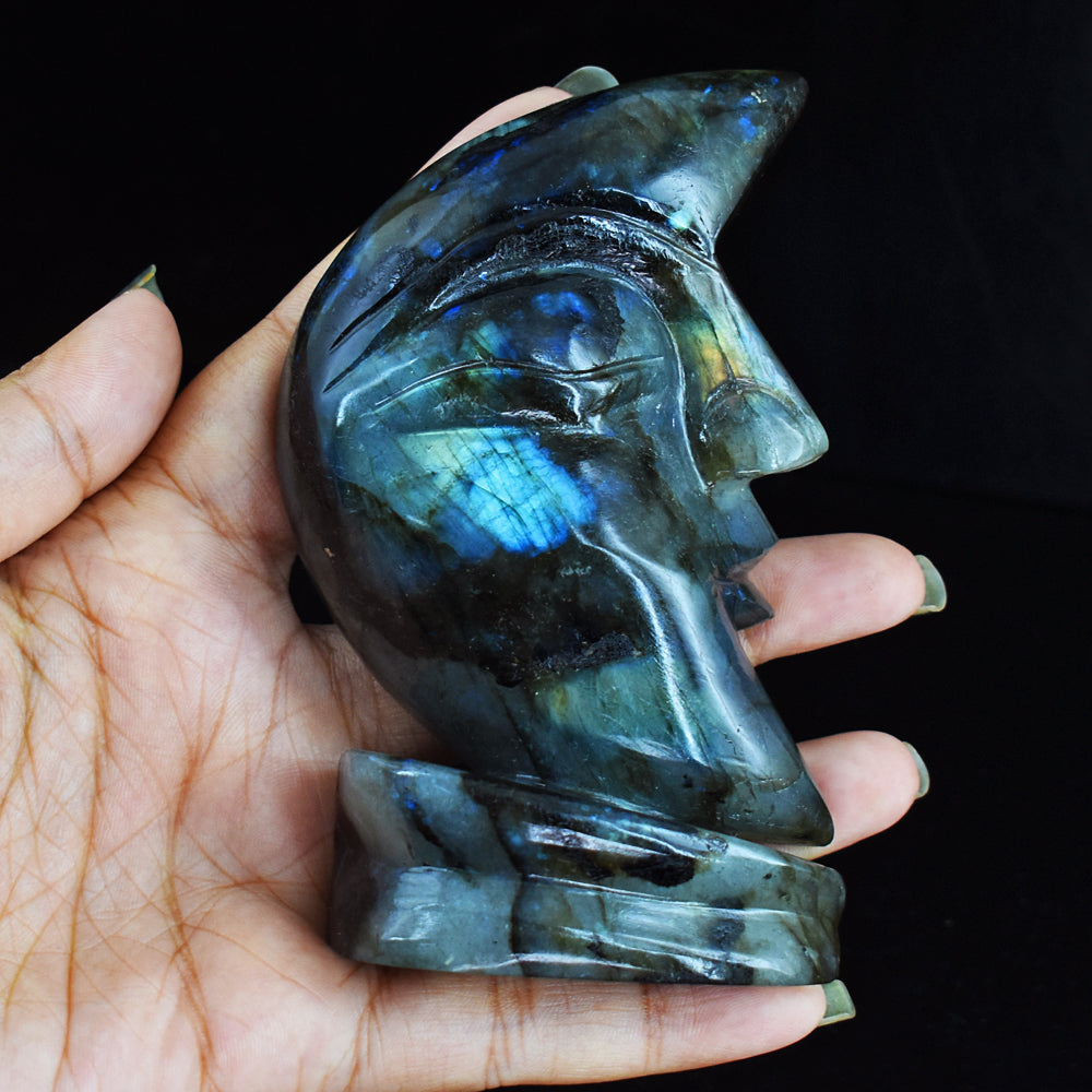 Genuine  1183.00 Carats  Blue Flash Labradorite Moon With Stand Hand  Carved  Gemstone Carving