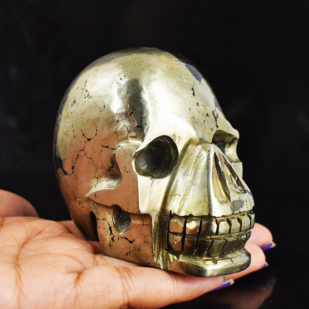 Artisian  3116.00 Carats Genuine  Golden  Pyrite  Hand  Carved  Skull  Gemstone  Carving