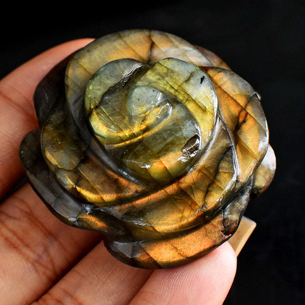 Beautiful  Golden & Orange  Flash Labradorite  158.00 Carats  Genuine  Hand Carved  Gemstone  Rose Flower Carving