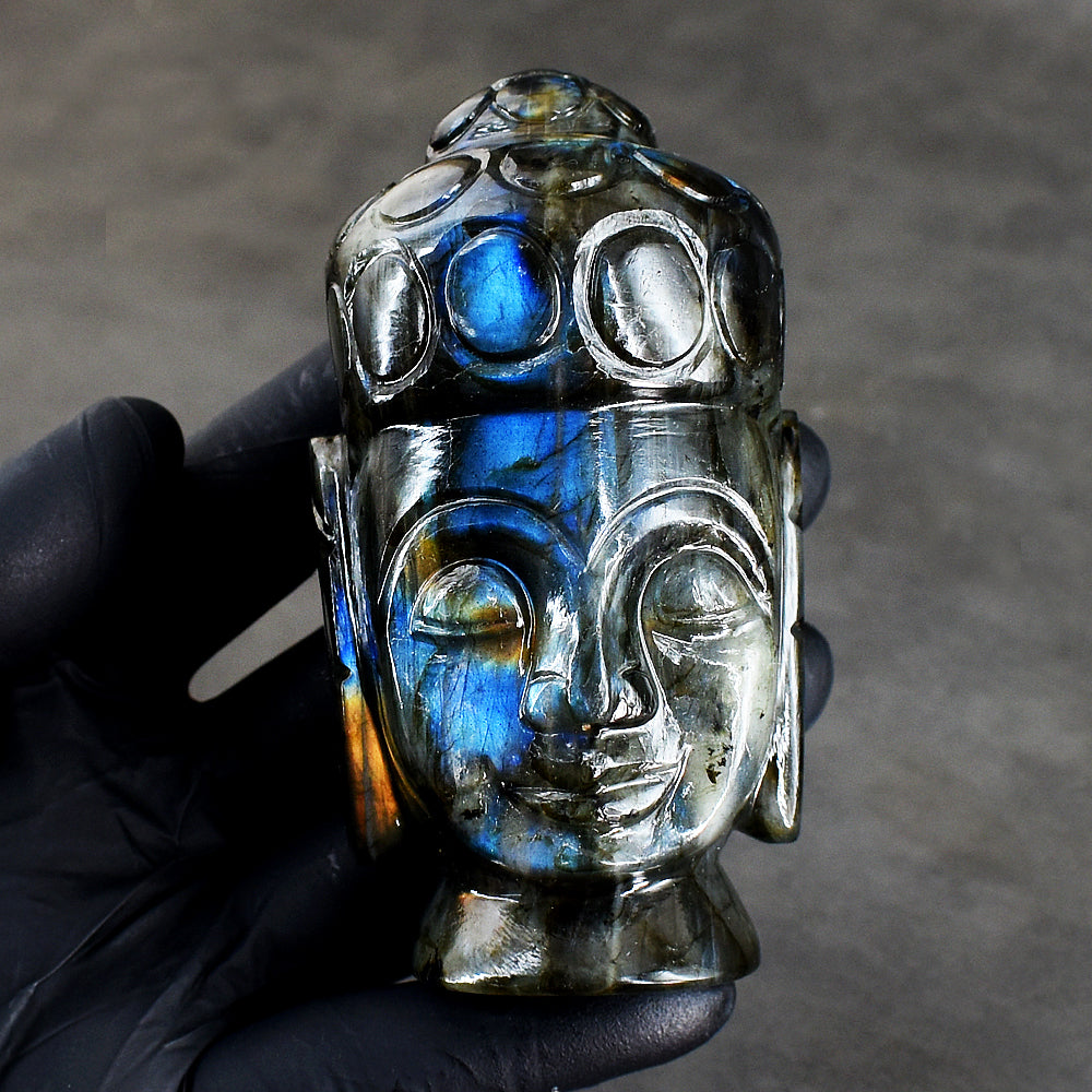 Natural 1604.00 Cts Genuine Blue Flash Labradorite Carved Crystal Buddha Head Gemstone Carving