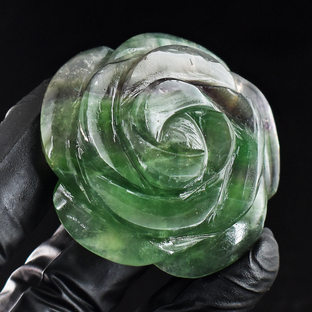 Exclusive 360.00 Cts Genuine Multicolor Fluorite Carved Crystal Gemstone Rose Carving