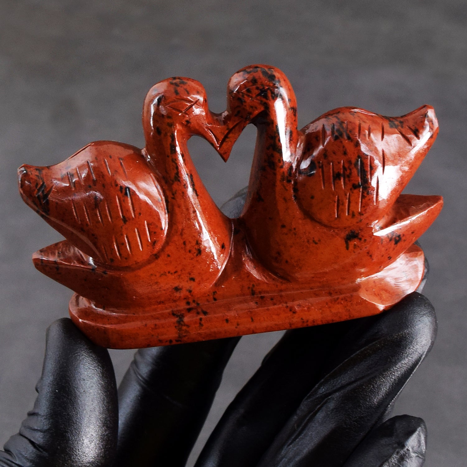 Wonderful 507.00 Cts Genuine Mahogany Jasper Carved Premium Love Swan Pair