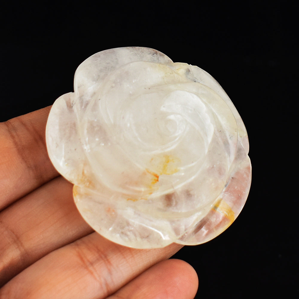 Natural  309.00 Cts Genuine White  Quartz Hand  Carved Crystal  Rose  Flower  Carving  Gemstone