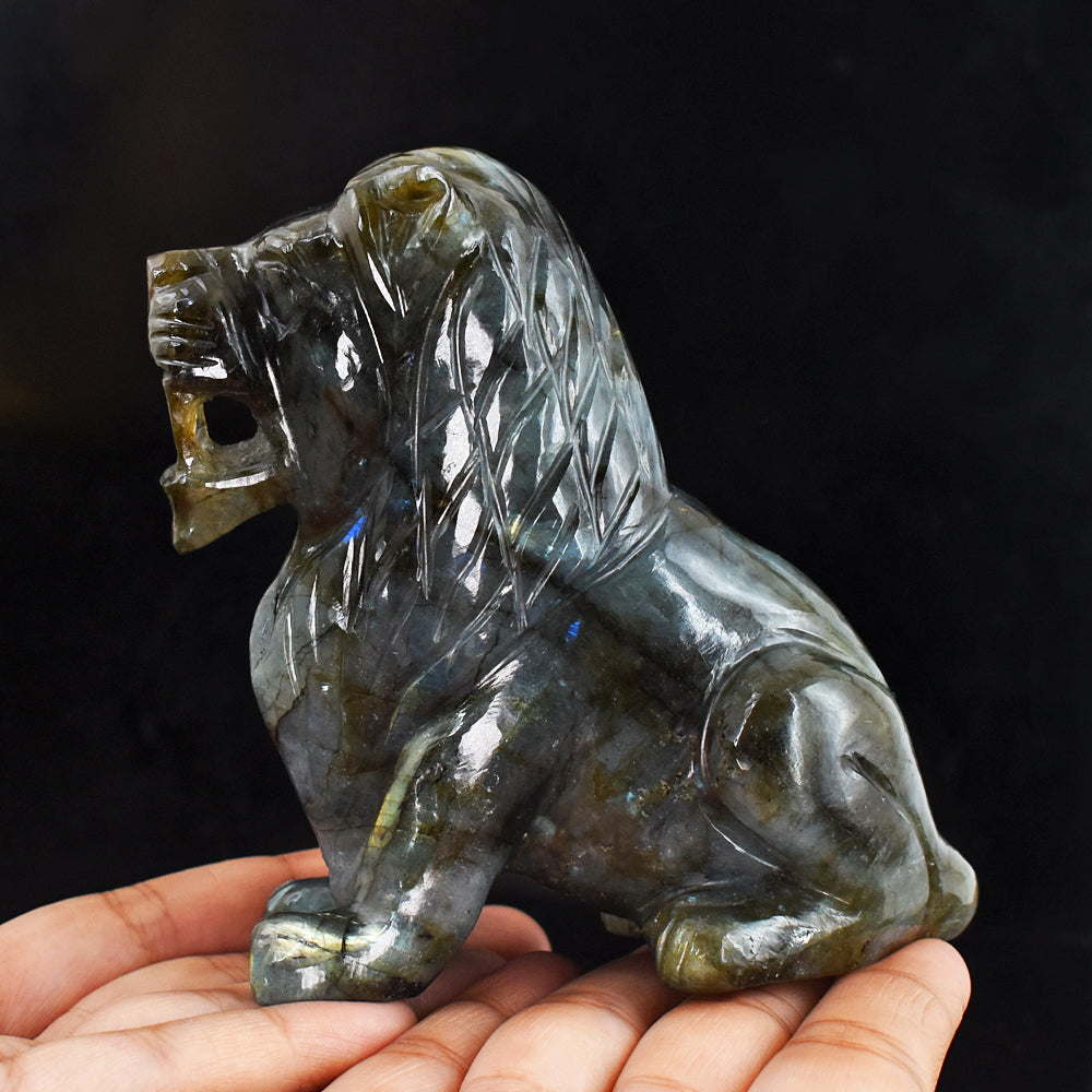 Golden & Blue Flash Labradorite  2725.00 Cts Genuine  Hand Carved Crystal Gemstone Lion Carving