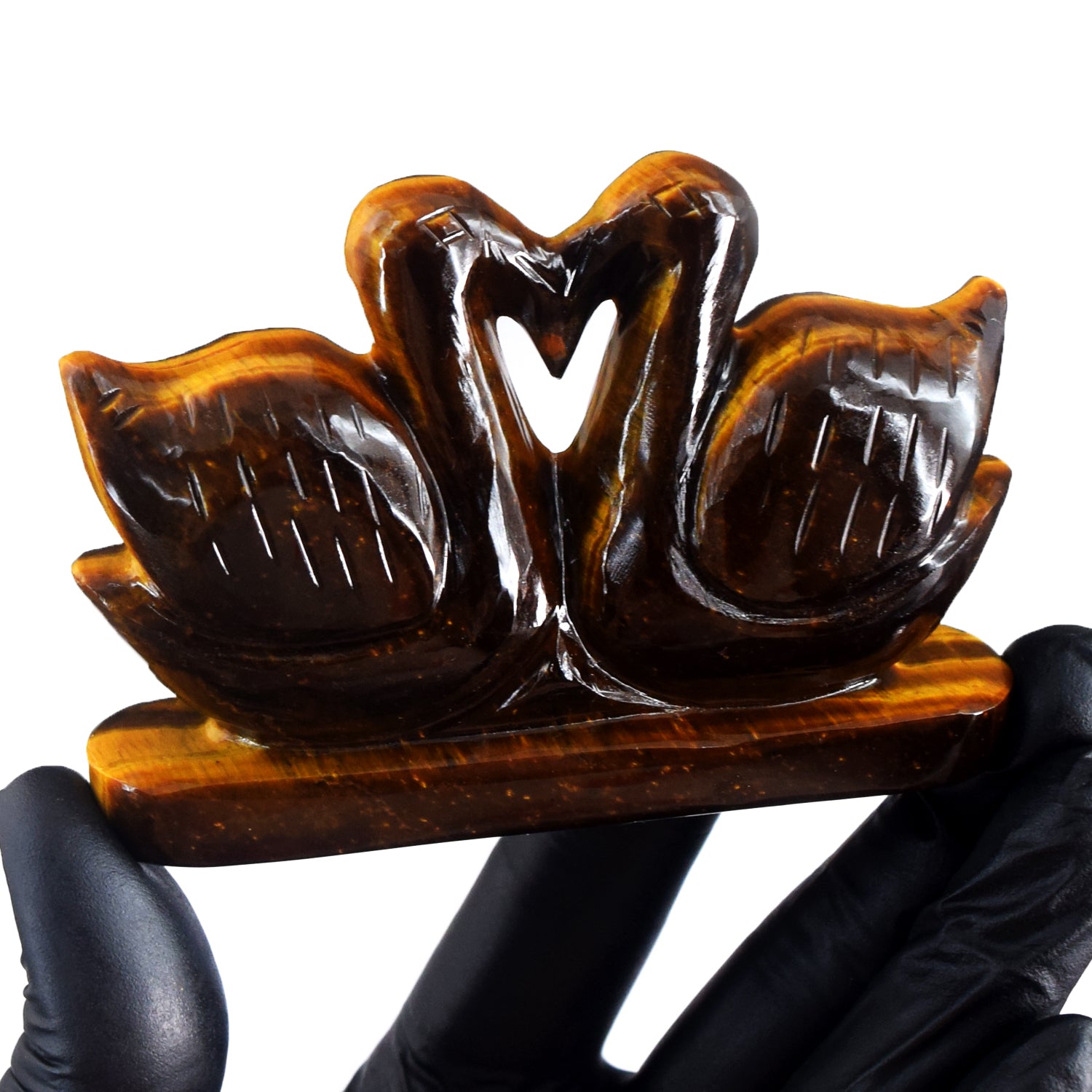 Exclusive 982.00 Cts Genuine Tiger Eye Carved Premium Love Swan Pair