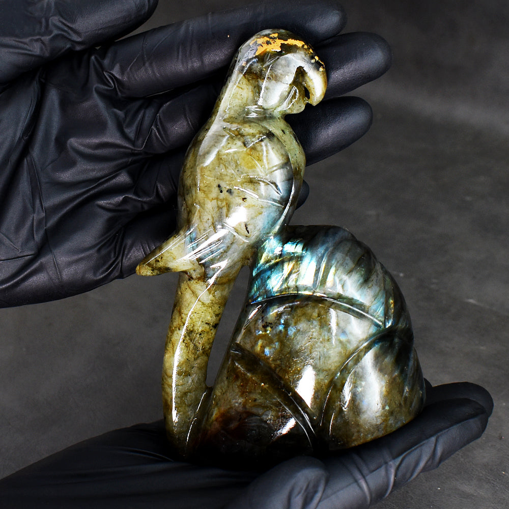 Gorgeous 1716.00 Cts Genuine Amazing Flash Labradorite Hand Carved Crystal Parrot Gemstone Carving