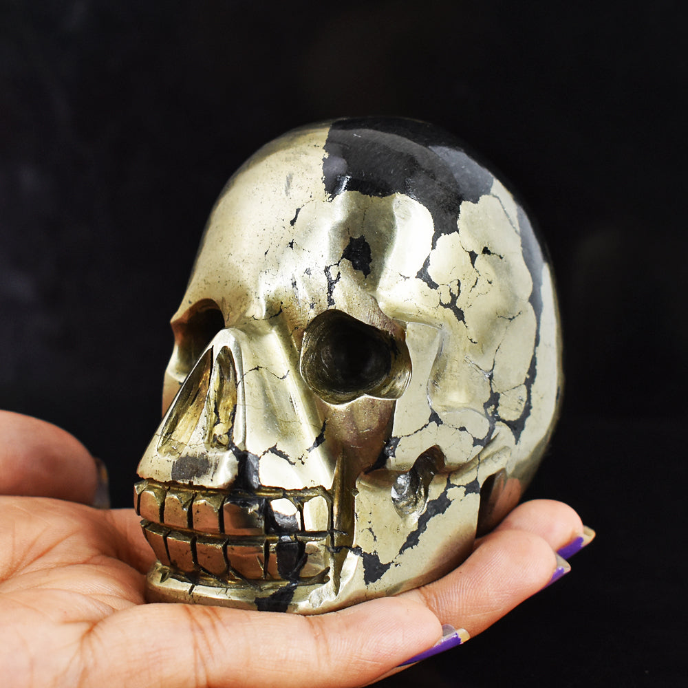 Artisian  3116.00 Carats Genuine  Golden  Pyrite  Hand  Carved  Skull  Gemstone  Carving