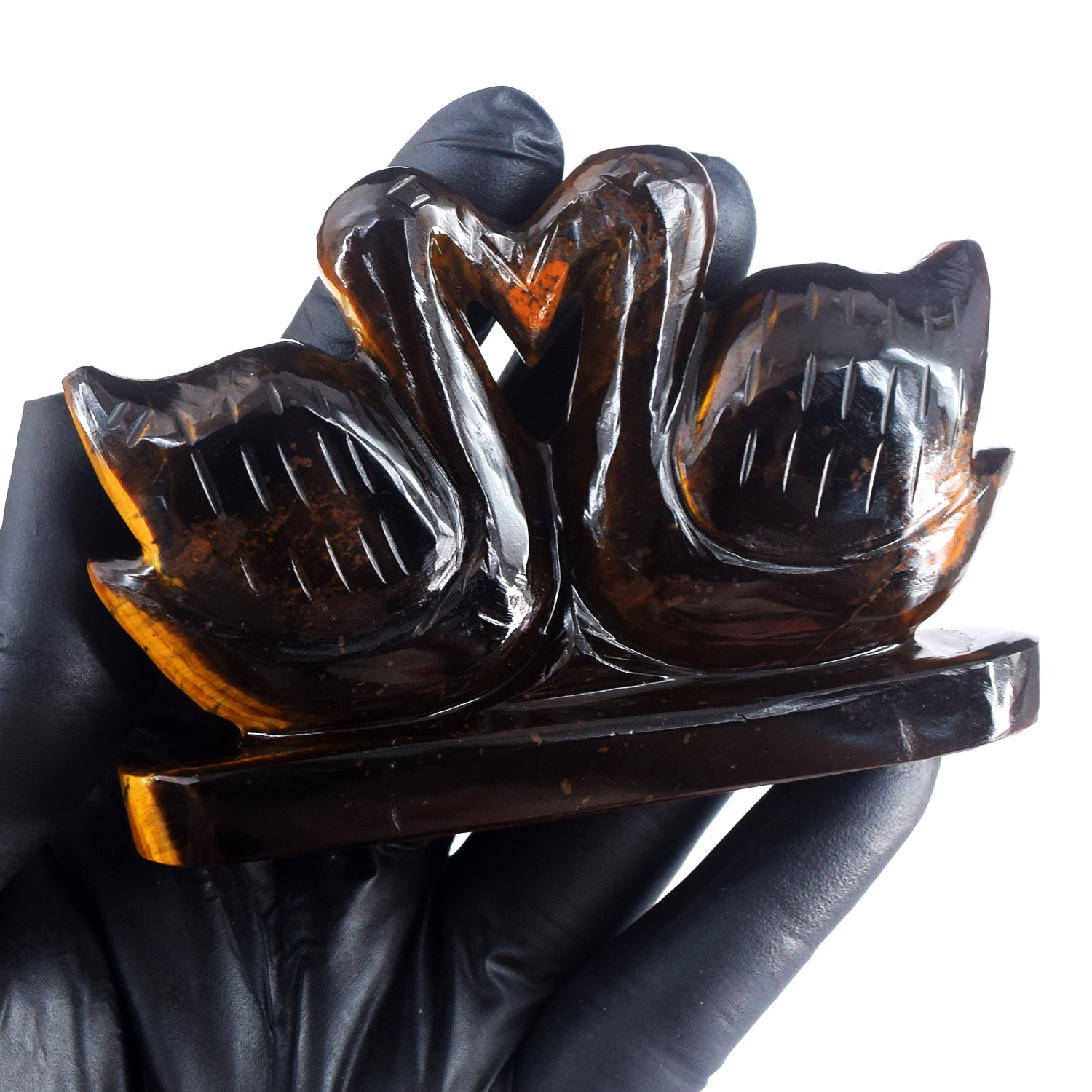 Exclusive 982.00 Cts Genuine Tiger Eye Carved Premium Love Swan Pair