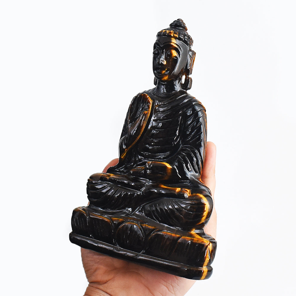Awesome 2726.00 Cts Genuine Golden Tiger Eye  Hand Carved Crystal Lord Buddha Statue Gemstone Carving