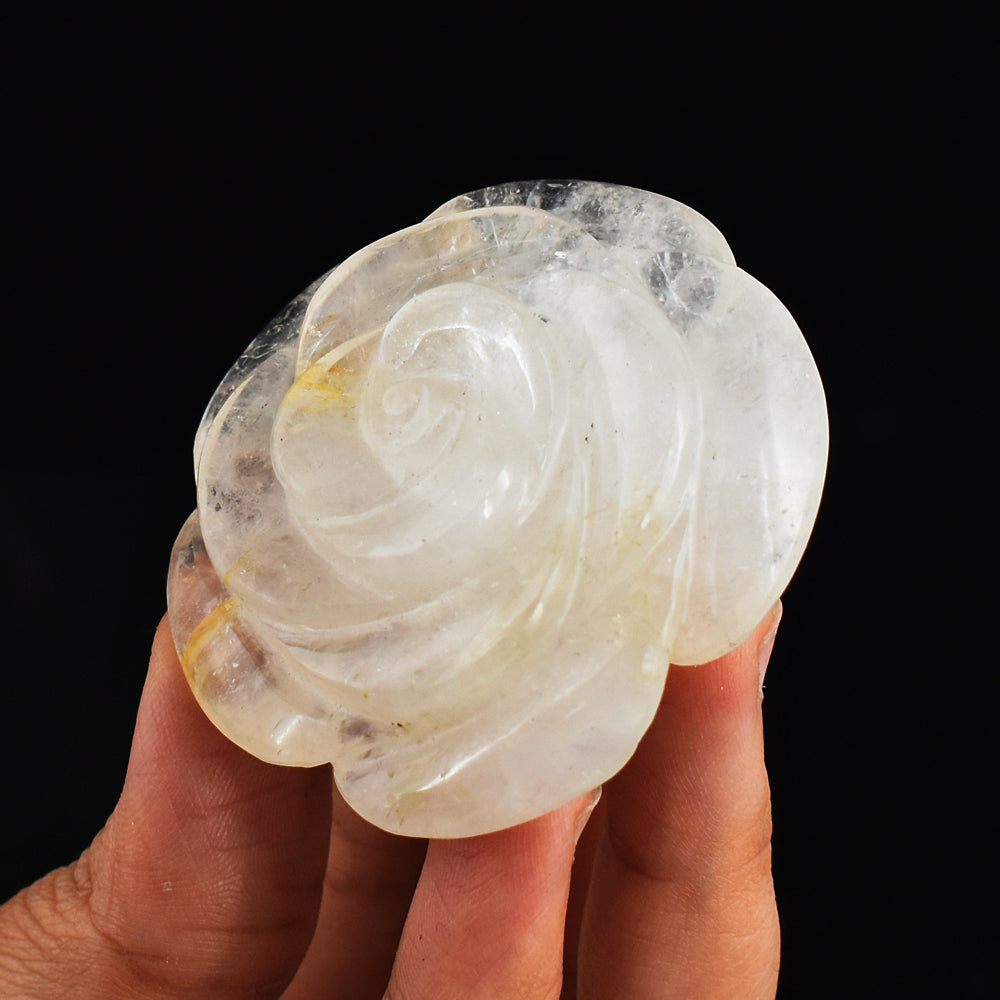 Natural  309.00 Cts Genuine White  Quartz Hand  Carved Crystal  Rose  Flower  Carving  Gemstone