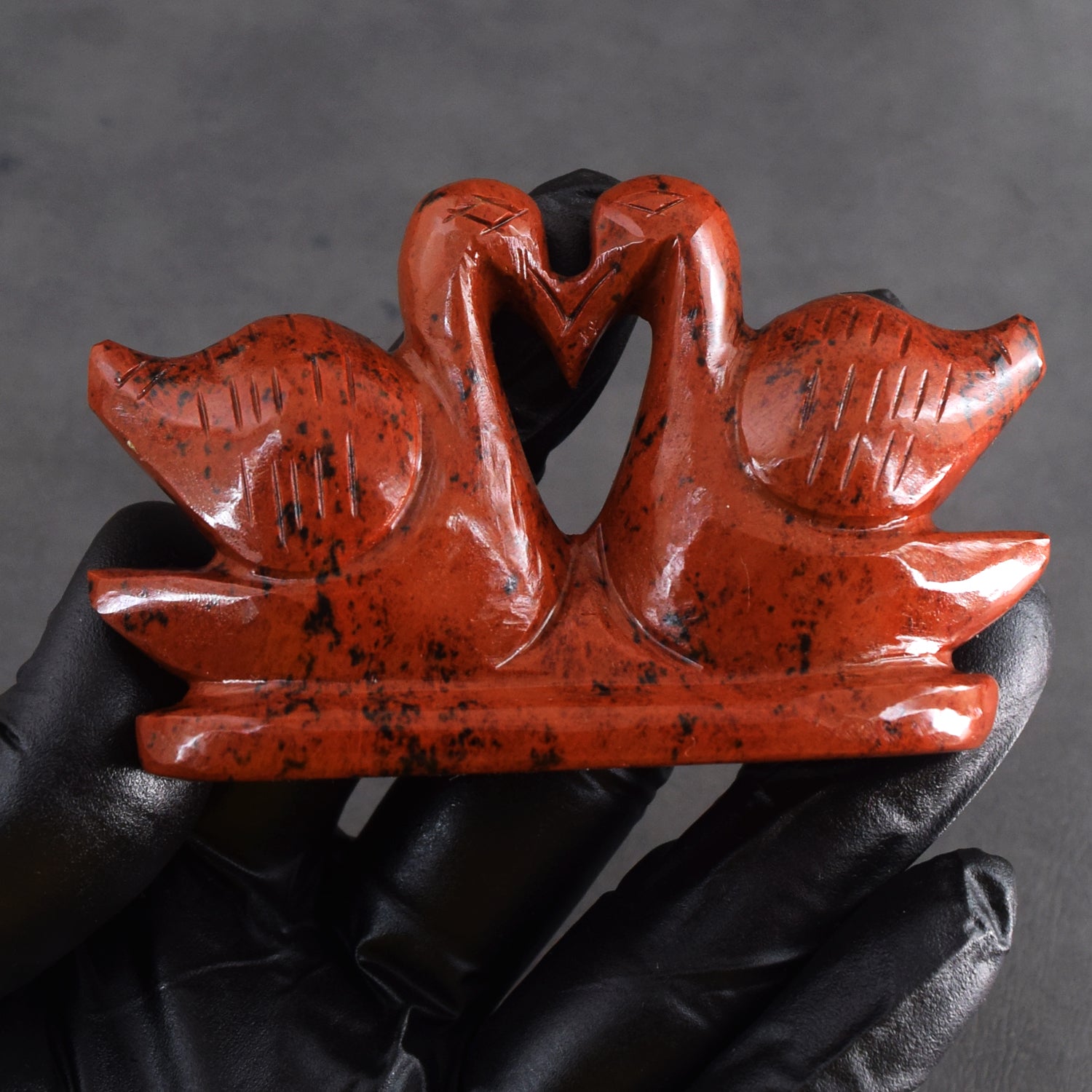 Wonderful 507.00 Cts Genuine Mahogany Jasper Carved Premium Love Swan Pair