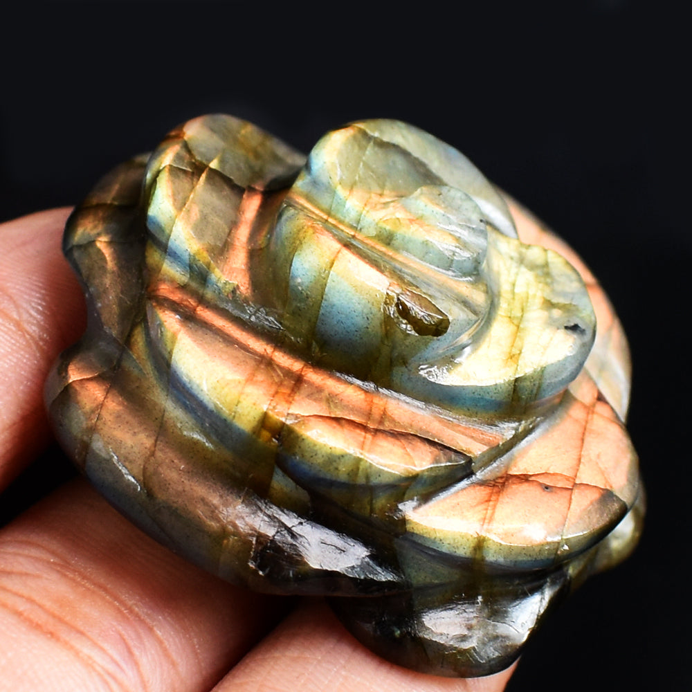 Beautiful  Golden & Orange  Flash Labradorite  158.00 Carats  Genuine  Hand Carved  Gemstone  Rose Flower Carving