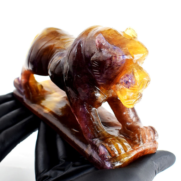 Exclusive 4580.00 Cts Genuine Multicolor Fluorite Hand Carved Gemstone Lion Crystal Carving