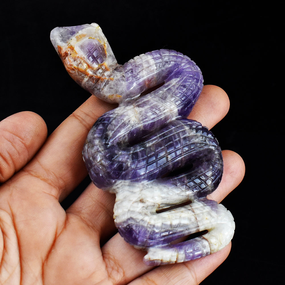 Artisian 392.00 Carats Genuine Chevron Amethyst  Hand Carved Crystal Gemstone Carving Snake
