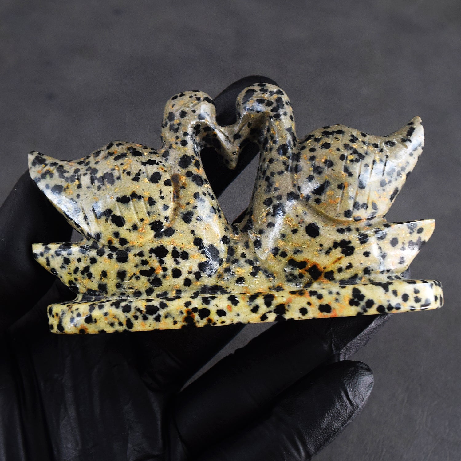 Cordial 768.00  Cts Genuine Dalmation Jasper Hand Carved Premium Love Swan Pait