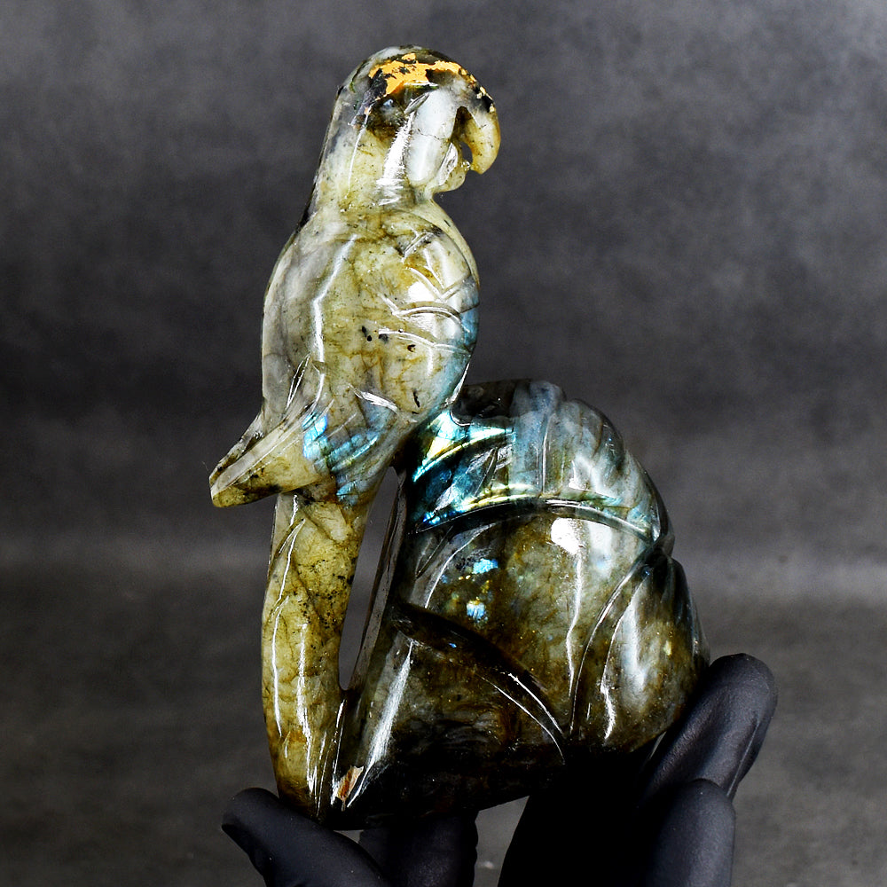 Gorgeous 1716.00 Cts Genuine Amazing Flash Labradorite Hand Carved Crystal Parrot Gemstone Carving