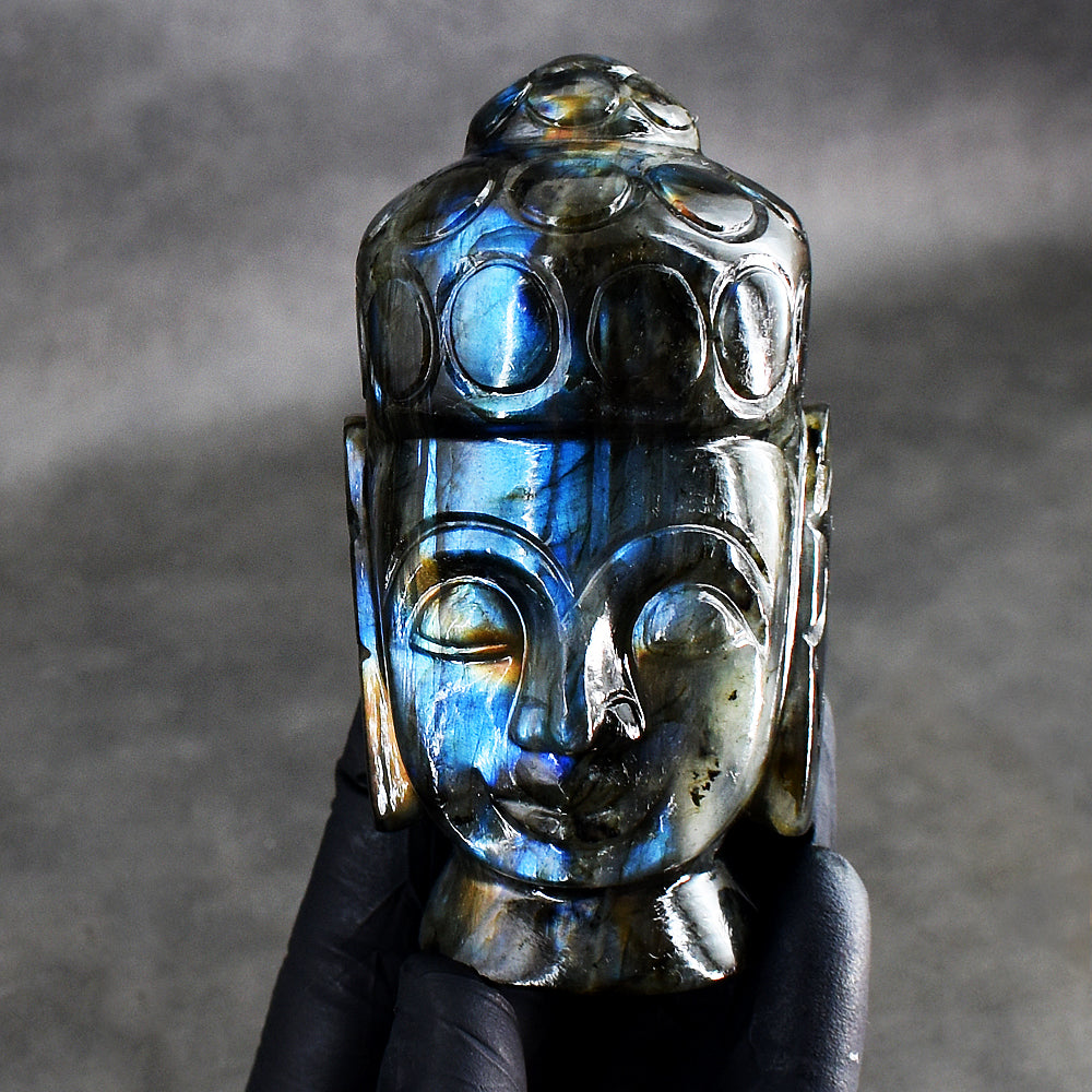 Natural 1604.00 Cts Genuine Blue Flash Labradorite Carved Crystal Buddha Head Gemstone Carving