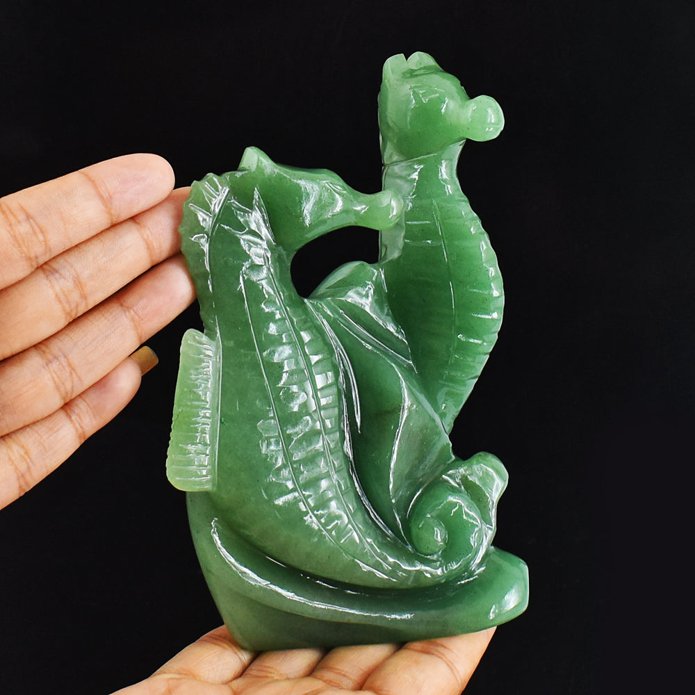 Craftsmen 2329.00 Cts Genuine Green Aventurine Hand Carved Twin Seahorse Gemstone Carving