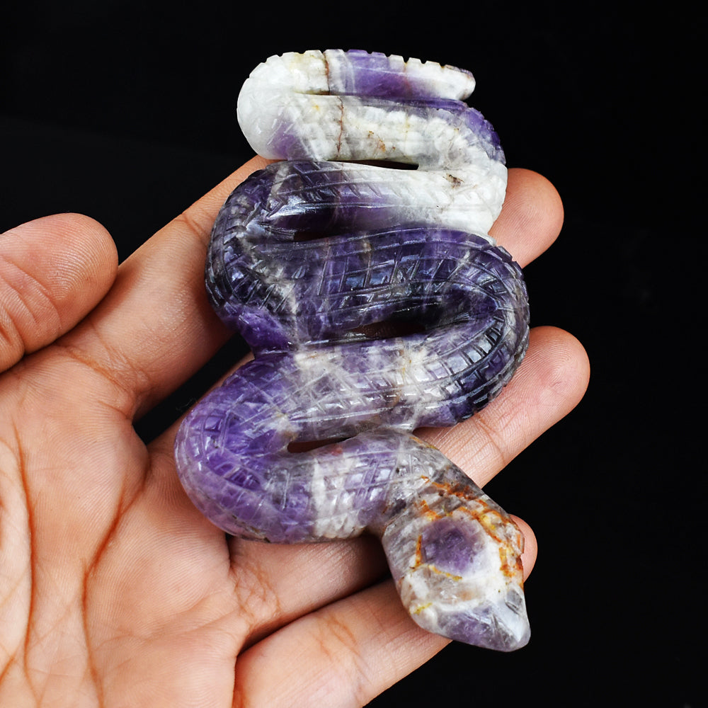 Artisian 392.00 Carats Genuine Chevron Amethyst  Hand Carved Crystal Gemstone Carving Snake
