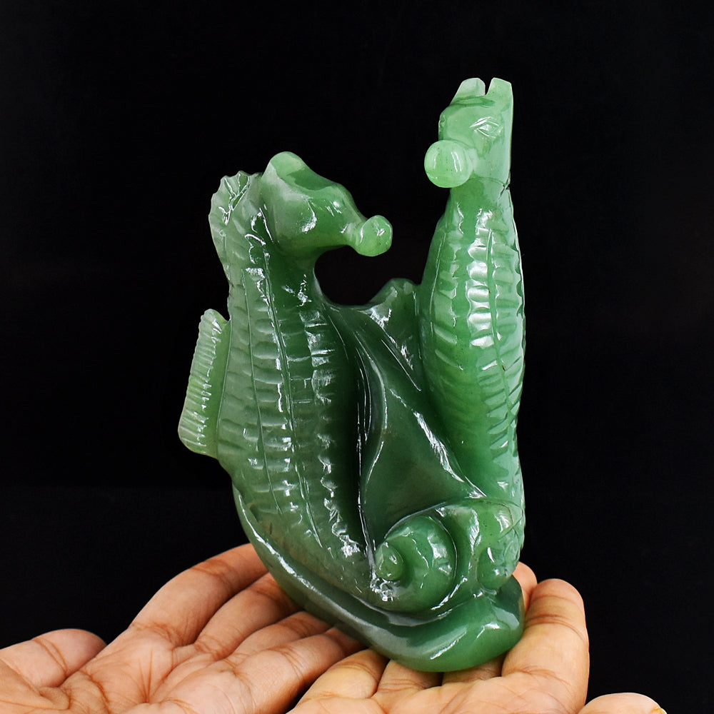 Craftsmen 2329.00 Cts Genuine Green Aventurine Hand Carved Twin Seahorse Gemstone Carving