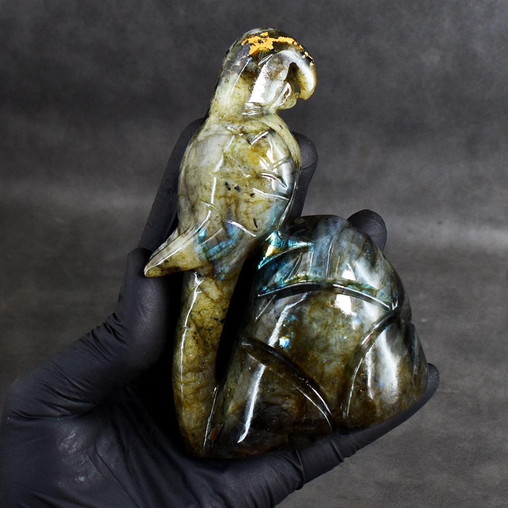 Gorgeous 1716.00 Cts Genuine Amazing Flash Labradorite Hand Carved Crystal Parrot Gemstone Carving