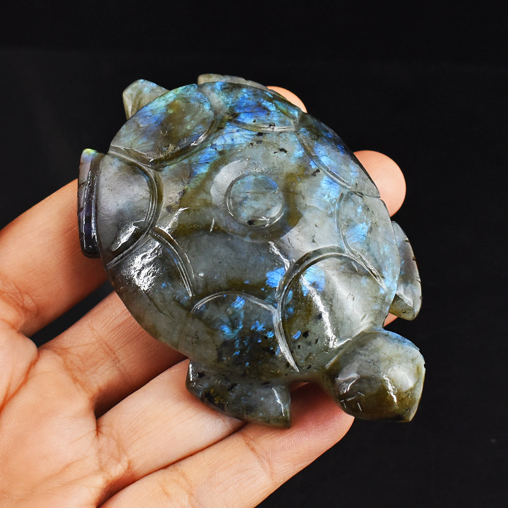 Beautiful 672.00 Carats  Genuine Blue Flash Labradorite  Hand Carved  Crystal Turtle Carving