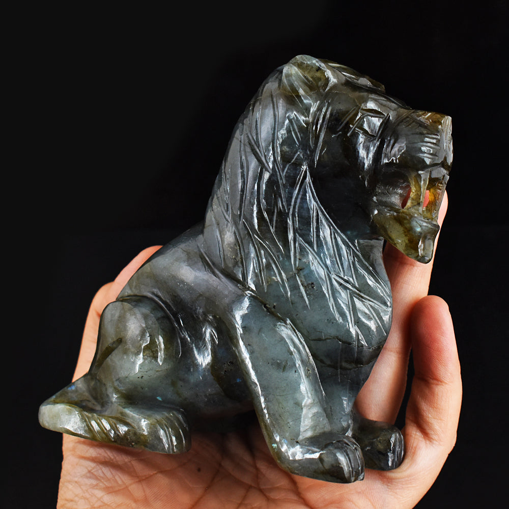 Golden & Blue Flash Labradorite  2725.00 Cts Genuine  Hand Carved Crystal Gemstone Lion Carving