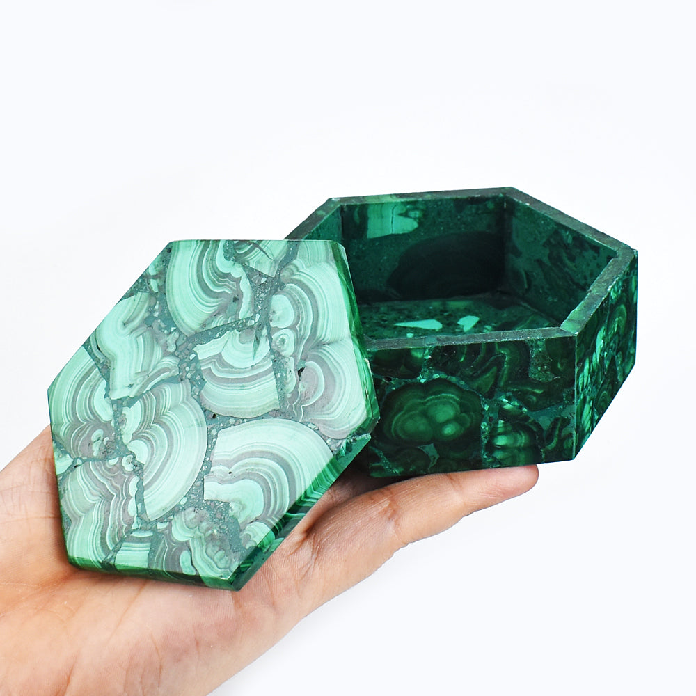 Beautiful  1372.00 Carats  Genuine  Malachite  Hand  Carved  Crystal Gemstone Carving Box