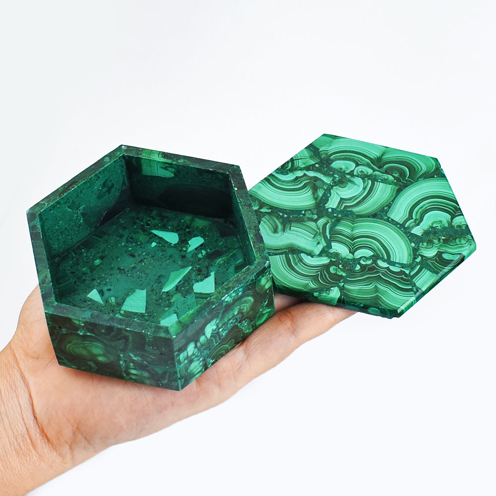 Beautiful  1372.00 Carats  Genuine  Malachite  Hand  Carved  Crystal Gemstone Carving Box